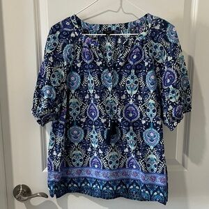 Talbots Petite Batik Print Blue and Purple Floral Blouse Tassel Ties Cotton Sz M